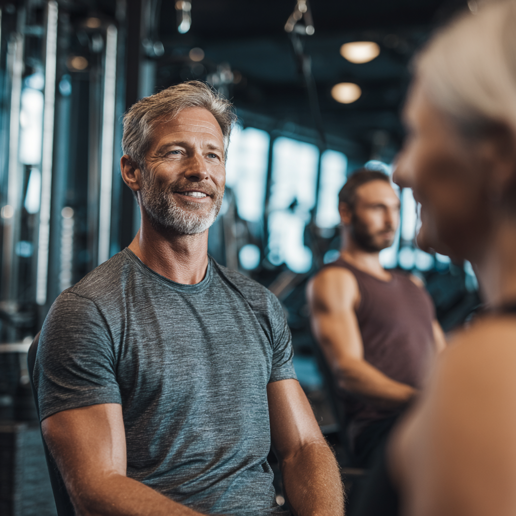 Professional fitness trainer working with middle-aged adults in modern gym environment